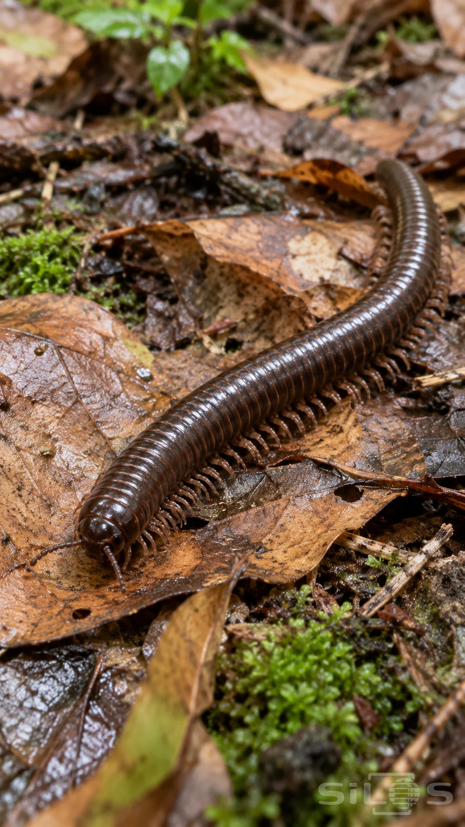 One complete dark brown cylindrical millipede curves across wet ochre leaf litter and moss, with two jointed antennae at the rounded head, many attached short legs meeting leaf surfaces and a naturally softer rounded tail farther away.