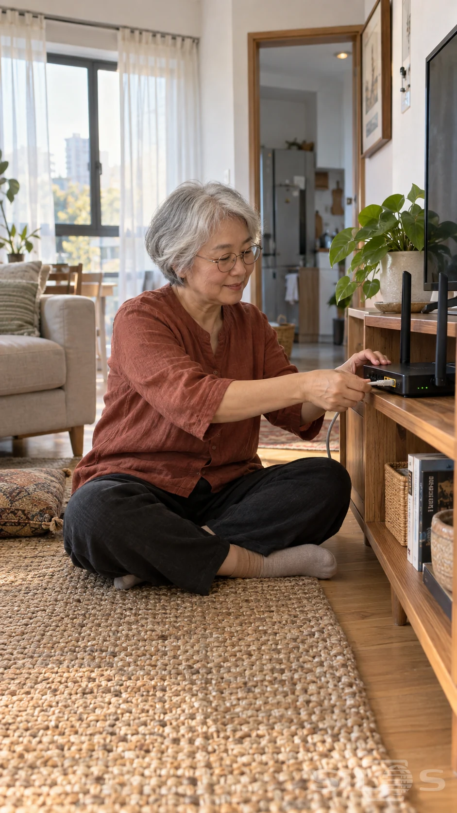 An older woman with short silver hair sits cross-legged beside a timber cabinet and connects a cable to an unbranded two-antenna black router.