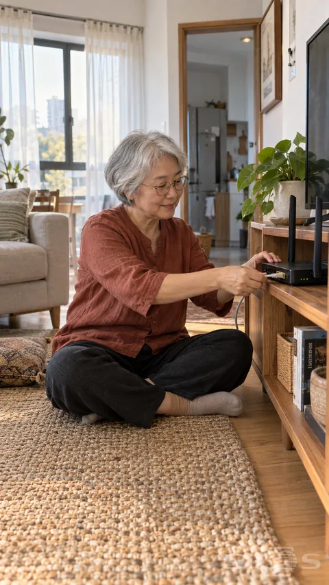 An older woman with short silver hair sits cross-legged beside a timber cabinet and connects a cable to an unbranded two-antenna black router.