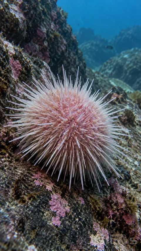 A pale pink sea urchin with many fine ivory spines rests against a rough underwater rock, with blue water beyond.