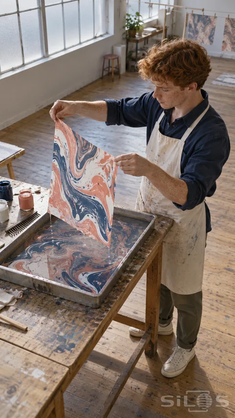 A copper-haired young man in a navy shirt and pale apron holds two corners of a coral, navy and white marbled paper sheet above a metal tray of swirling pigment, standing beside a wooden table in a bright studio with drying sheets and frosted windows.