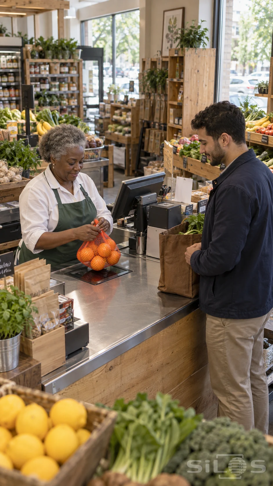 An older woman in a green apron holds a mesh bag of oranges above a checkout scanner as a dark-haired adult man waits beside a paper grocery bag, surrounded by wooden produce displays and tall daylight windows.