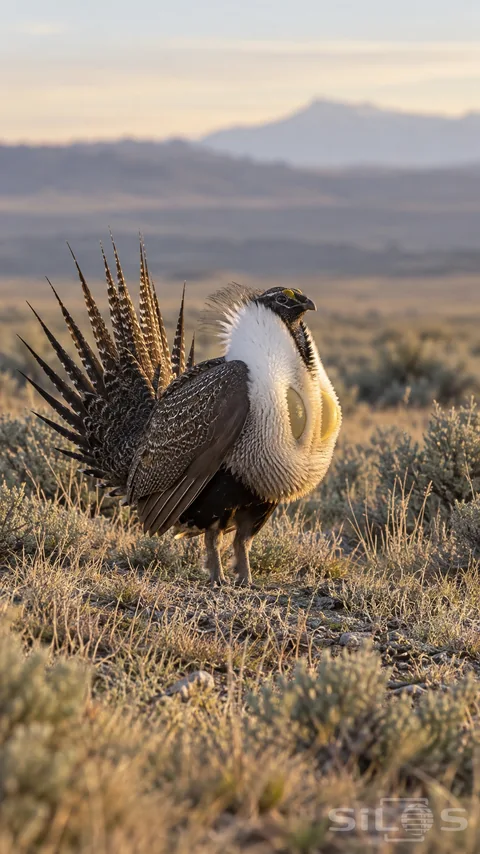 A grouse with a white breast, two yellow display sacs and a pointed feather fan stands on two feet among dry grasses on an open sage plain, with distant hills softly blurred in warm morning light.