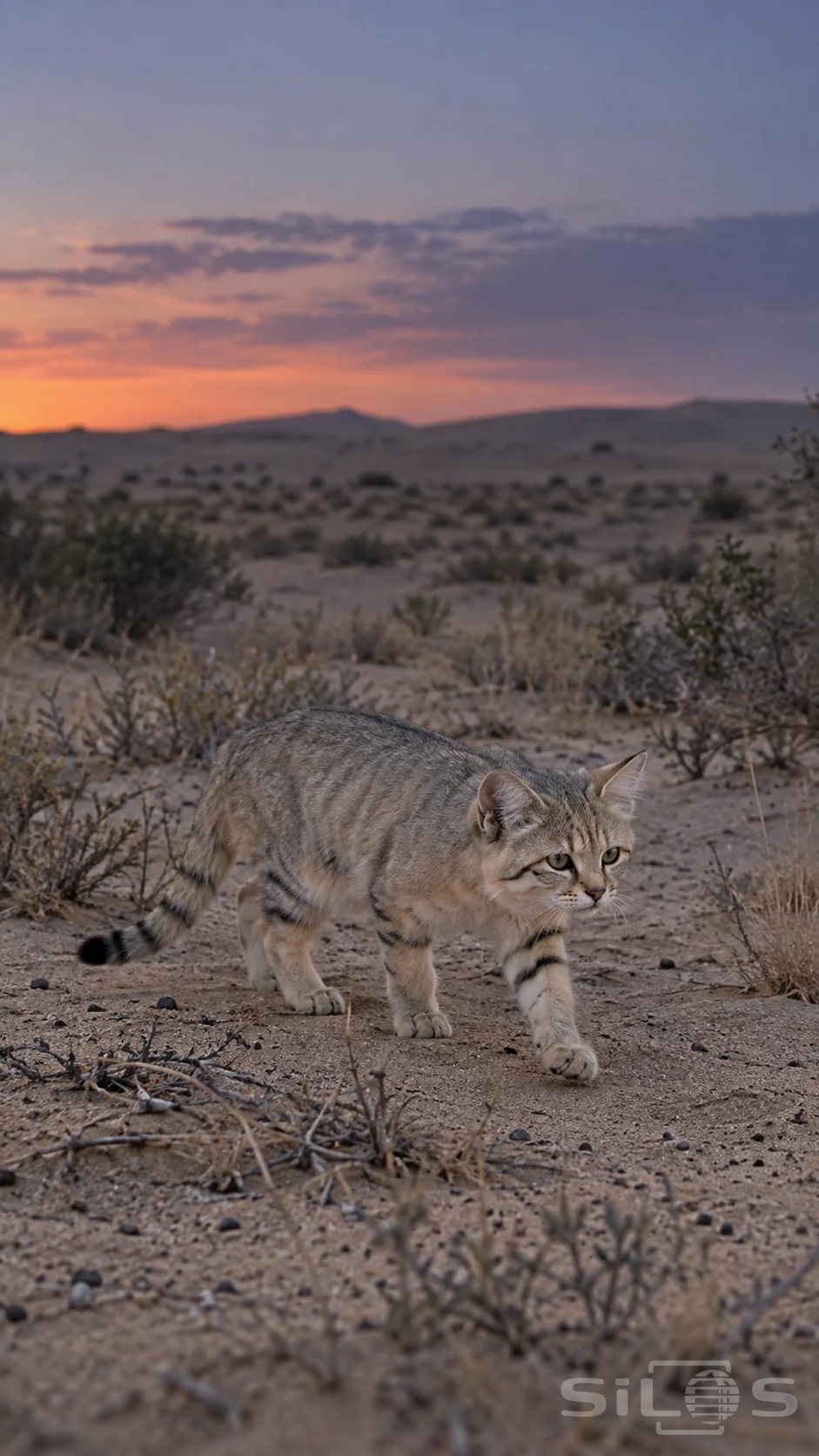 A pale gray-sandy sand cat with a broad head, large ears, dark leg stripes and a ringed black-tipped tail walks across pebbly sandy ground among sparse dry shrubs beneath a soft orange and blue twilight sky.