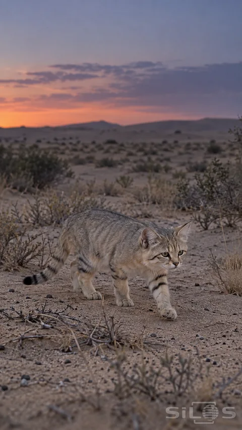 A pale gray-sandy sand cat with a broad head, large ears, dark leg stripes and a ringed black-tipped tail walks across pebbly sandy ground among sparse dry shrubs beneath a soft orange and blue twilight sky.