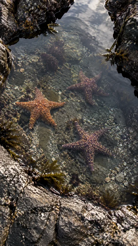 One rusty-orange and two purple-brown sea stars with five tapering arms lie separately on submerged pebbly rock in a shallow pool, framed by dark wet stone and olive seaweed with a pale cloud reflection across the water.