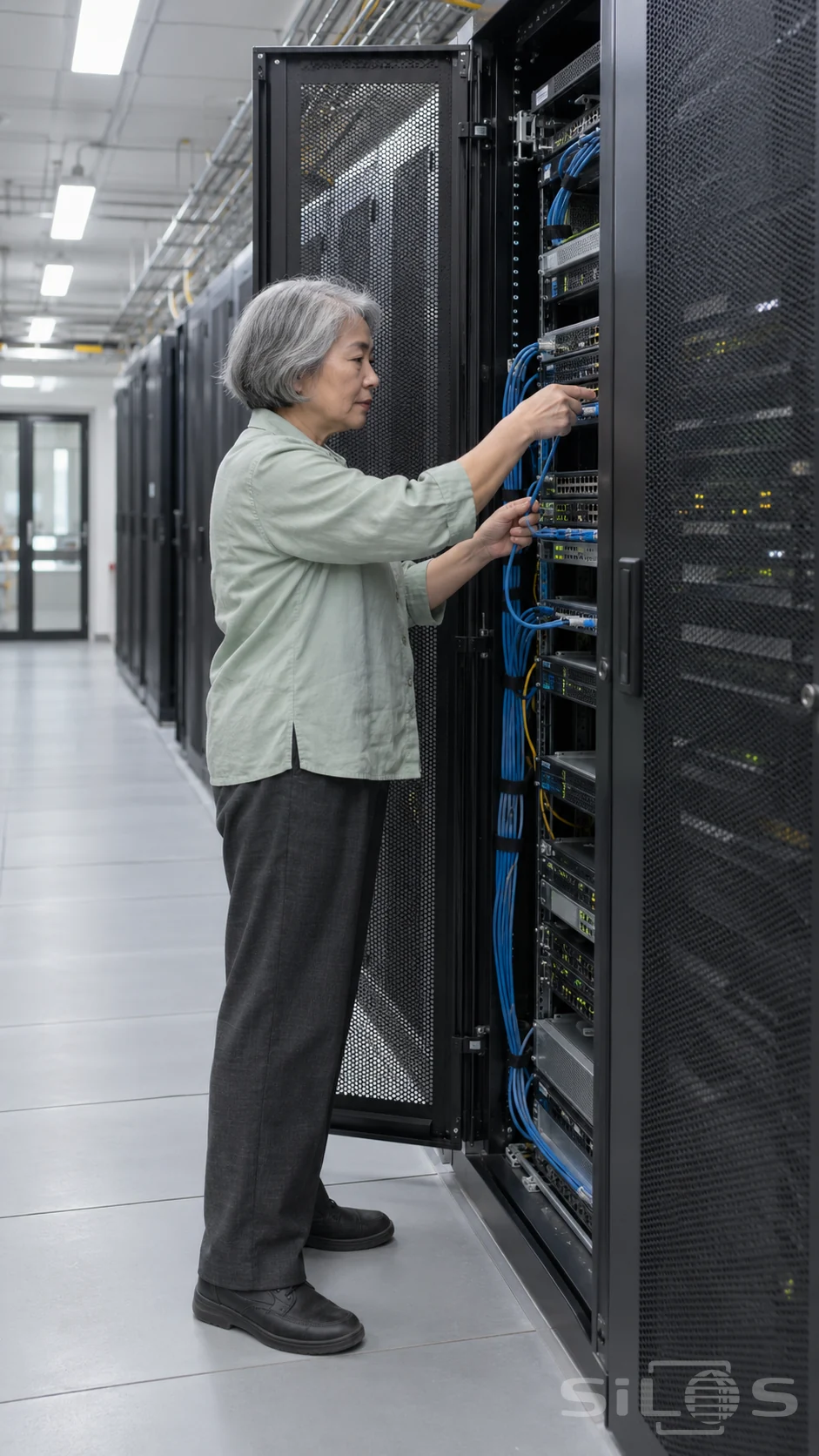 An older woman with a short gray bob and pale jade shirt stands beside a black server cabinet, one hand at a cable connector and the other steadying a blue lead, with both black shoes on the gray floor and rows of cabinets receding behind her.