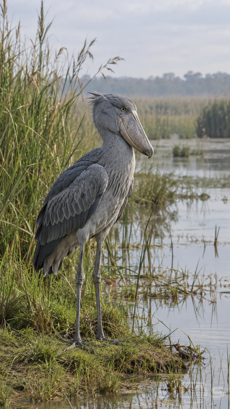 A complete gray shoebill stands in three-quarter side view on a wet grassy bank, with a broad hooked bill, folded wings, long connected legs and partly grass-occluded toes beside reflective marsh water and reeds.