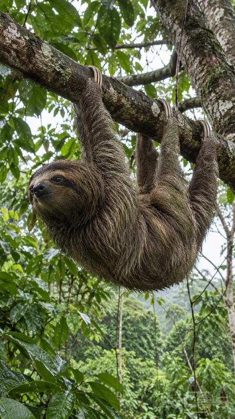 A brown-gray sloth hangs beneath a thick bark-covered branch; surrounded by green leaves and distant rainforest.