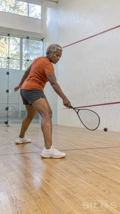 A silver-haired older woman in a burnt-orange shirt and charcoal shorts balances on two cream shoes inside a bright squash court, holding one dark racket near a small ball above the wooden floor, with red court lines and high windows.