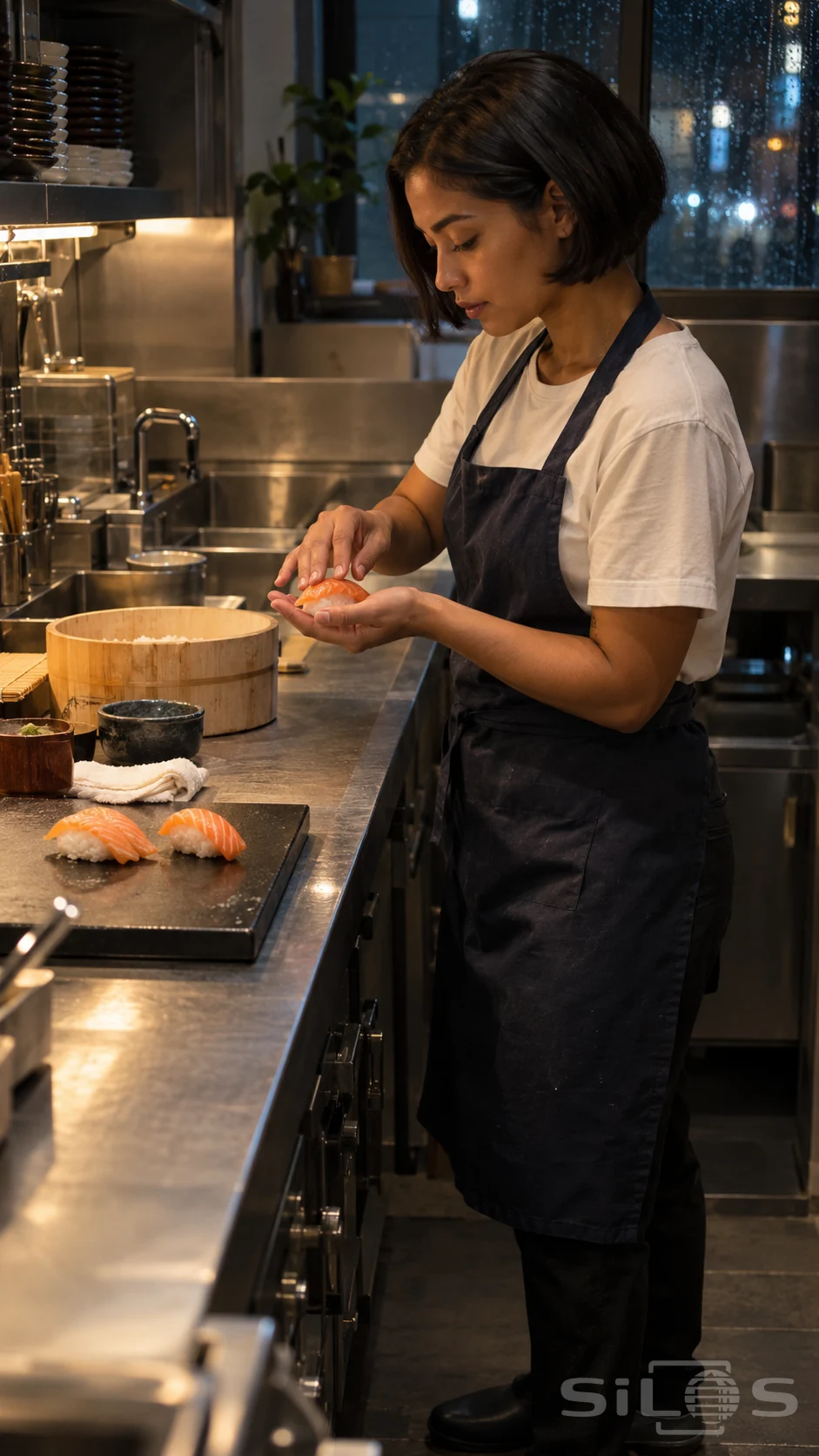 A short-haired woman in a plain dark apron supports salmon nigiri in one hand and touches its top with the other, standing at a stainless kitchen counter beneath warm light beside a rain-dark window.