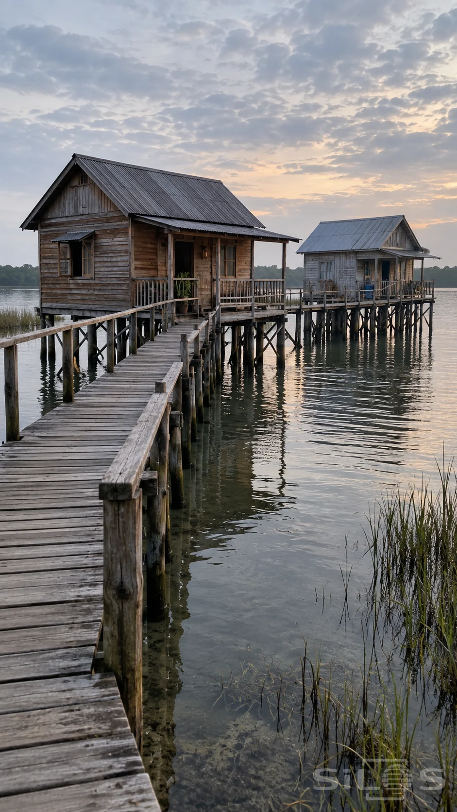 A weathered timber boardwalk leads over shallow reflective water to two small wooden houses with gray pitched metal roofs, exposed braced posts and simple porches, with reeds in the foreground and a low tree line beneath dawn clouds.
