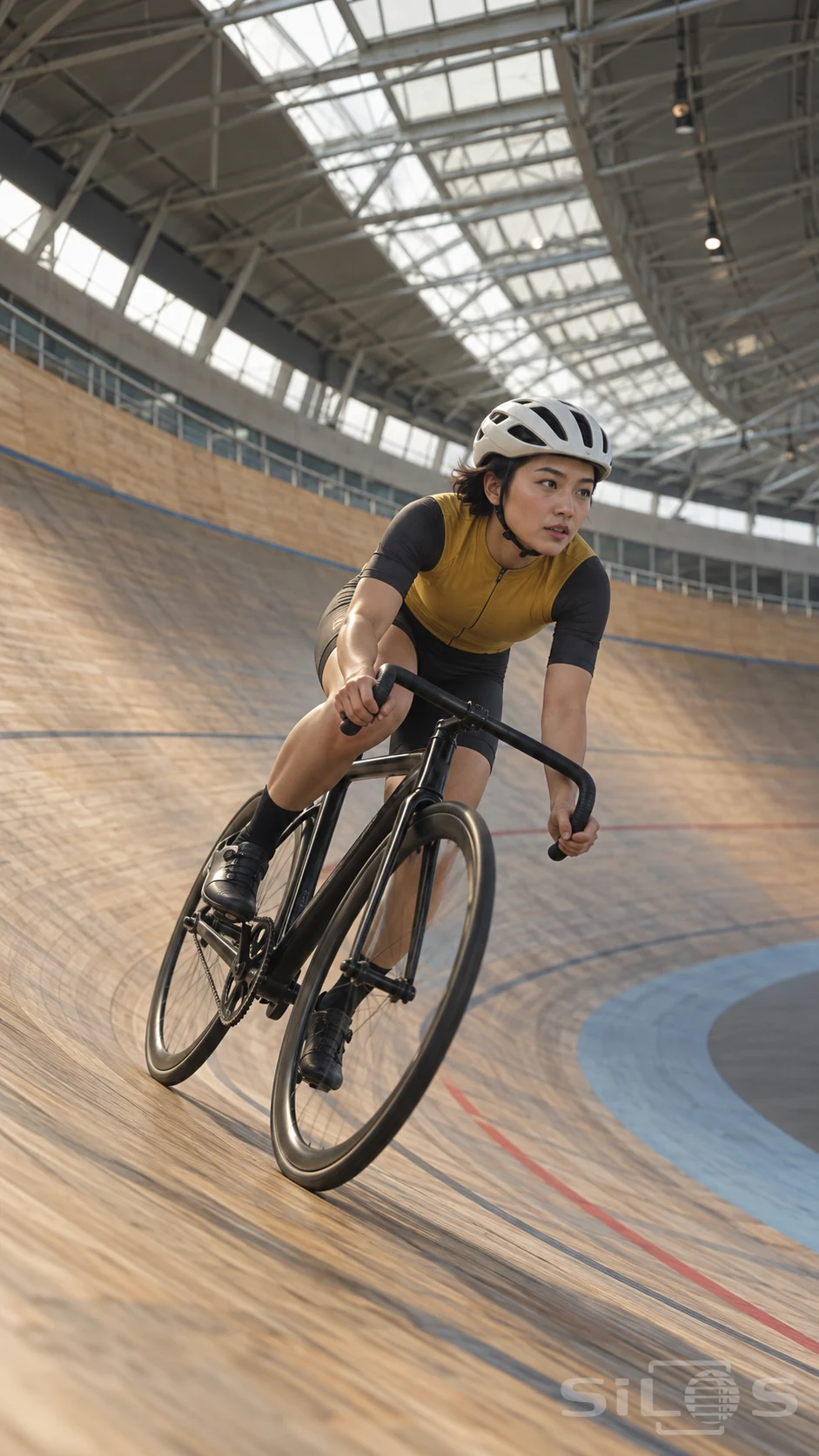 A woman in a mustard-and-charcoal cycling outfit and a plain cream helmet leans with a black bicycle on a banked timber indoor track, hands on the curved bars and shoes at the pedals beneath skylights.
