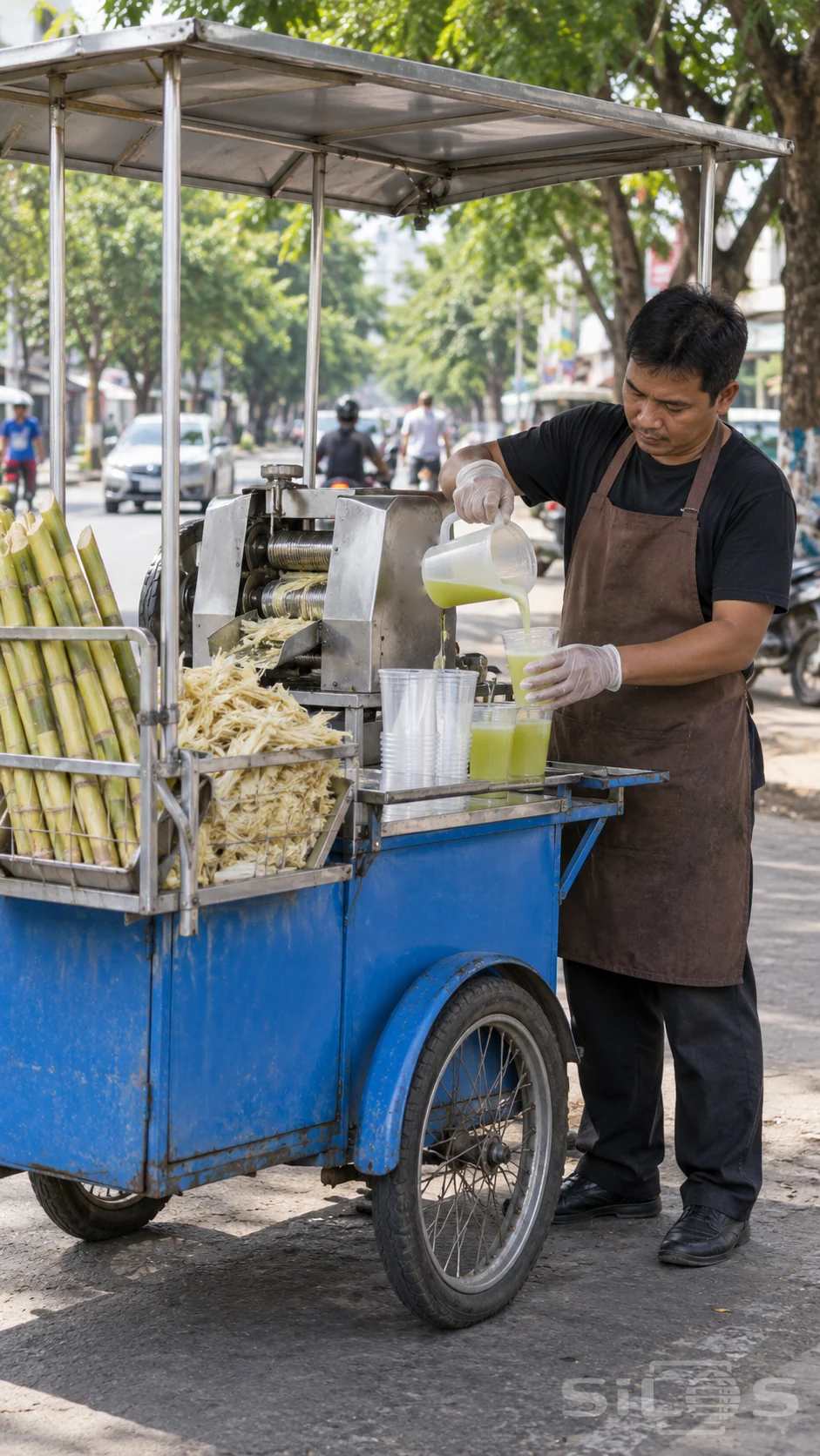 A vendor pours pale green sugarcane juice from a translucent jug into a cup beside a supported metal press on a blue mobile cart.
