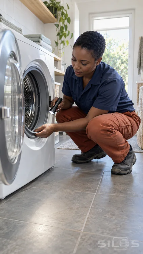 A short-haired Black adult woman in a navy shirt and rust-colored trousers crouches beside an open front-loading washing machine, lifting the gray rubber seal with one hand and holding a flashlight with the other, with both dark work boots planted on tile.