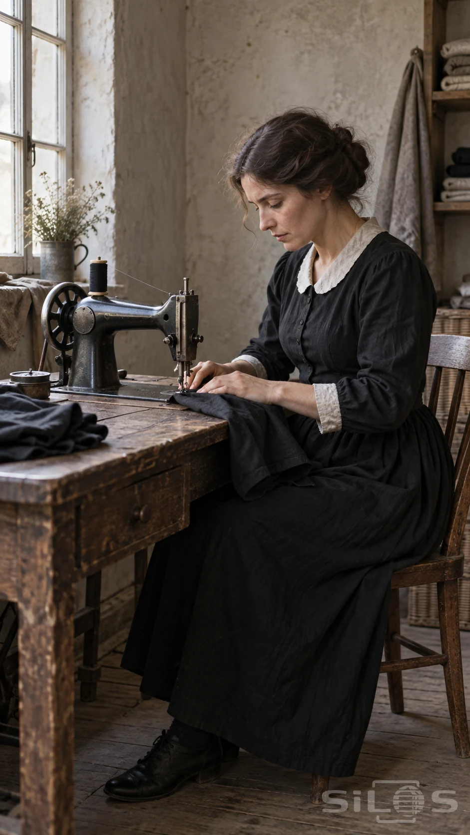 A seated woman guides dark fabric beneath the needle of a plain vintage sewing machine beside a softly lit window.