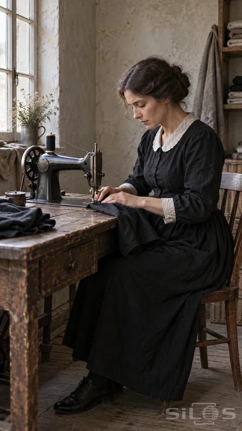 A seated woman guides dark fabric beneath the needle of a plain vintage sewing machine beside a softly lit window.