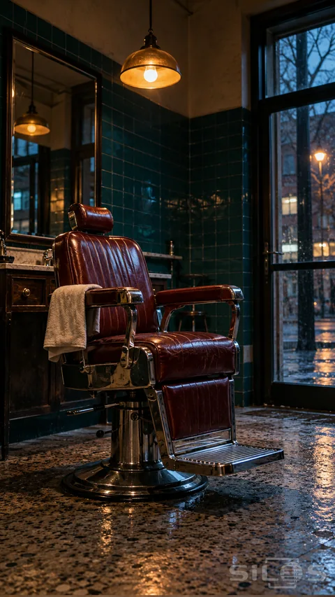 A worn burgundy leather barber chair with chrome arms stands beside a tall mirror; dark teal tiles and a blue evening window.