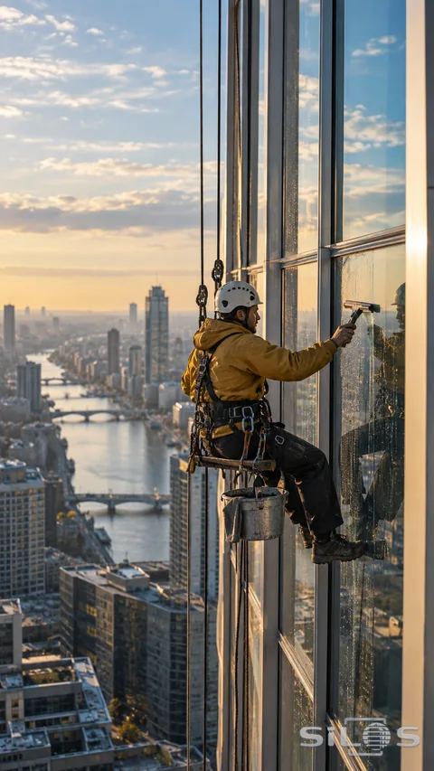 A helmeted window cleaner in a mustard jacket sits in a harness and rope-supported chair, using a squeegee on a glass tower above a river and buildings.