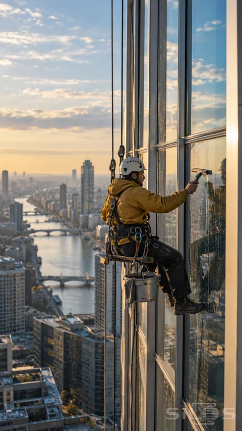 A helmeted window cleaner in a mustard jacket sits in a harness and rope-supported chair; using a squeegee on a glass tower above a river and buildings.