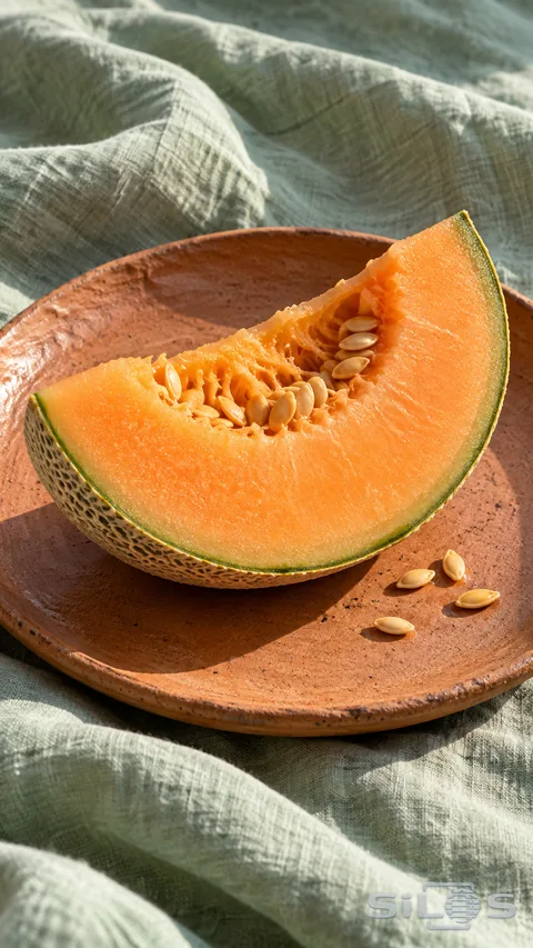 A fresh cantaloupe wedge with seeds rests on a terracotta plate over pale green linen.