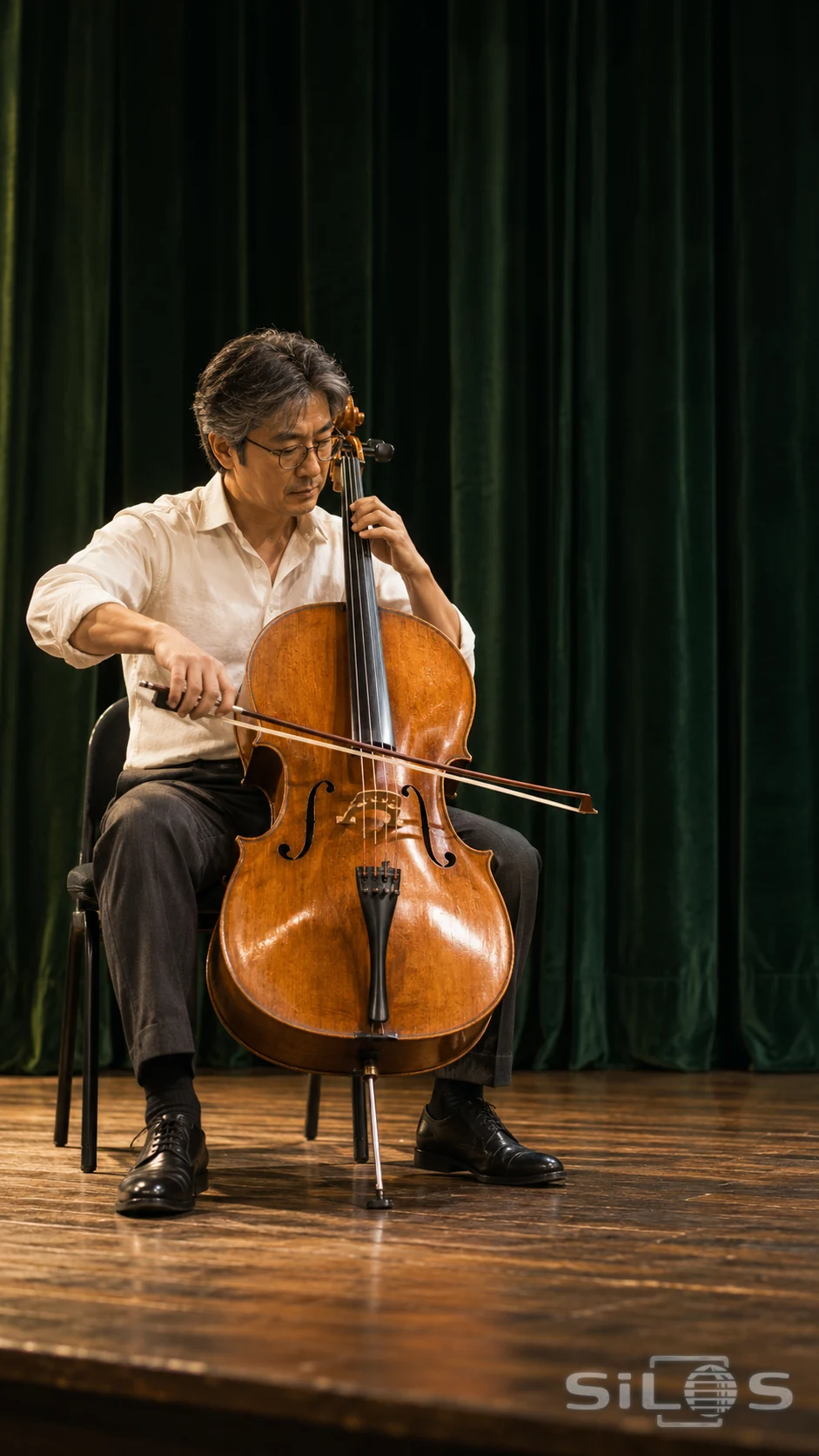 Adult cellist in a cream shirt playing an amber wooden cello on a stage with green velvet curtains.