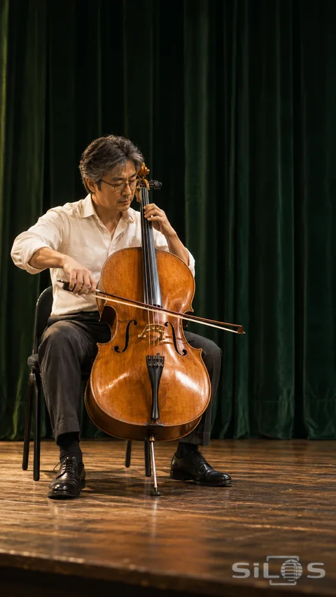 Adult cellist in a cream shirt playing an amber wooden cello on a stage with green velvet curtains.
