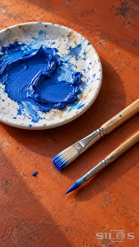 Blue paint on a white ceramic palette sits beside separate flat and pointed paintbrushes on an orange surface.