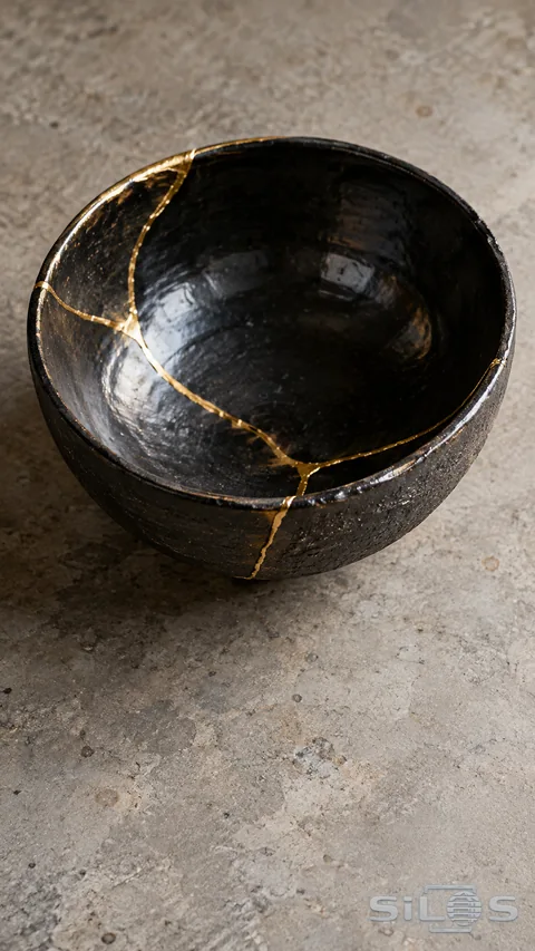 Dark handmade ceramic bowl with branching gold repair seams on a mottled gray surface