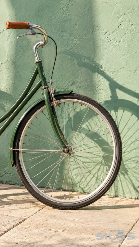 The front wheel, green fork and chrome handlebar of a city bicycle stand beside a mint-green wall.