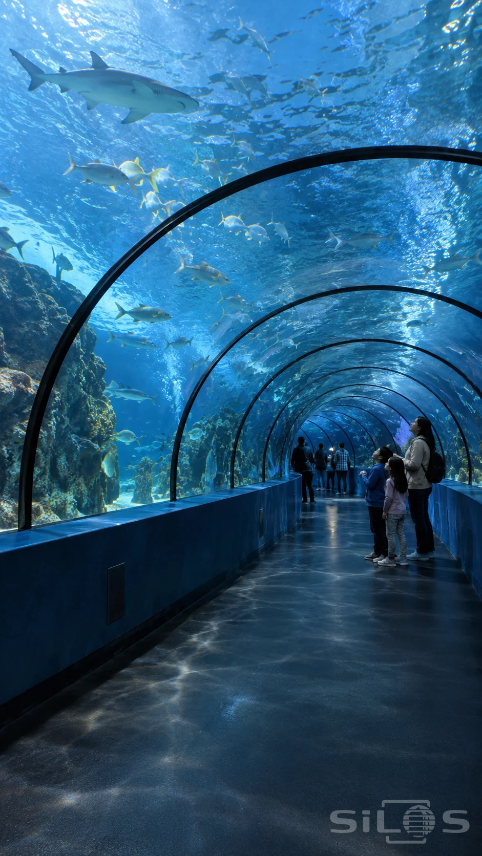 Children and an adult pause beneath a blue aquarium tunnel as fish and sharks swim overhead, with curved ribs and reflected light leading into the distance.