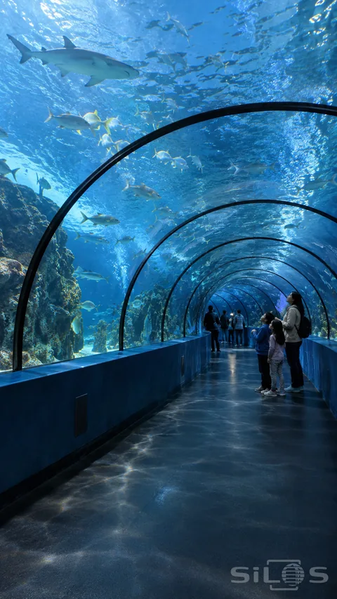 Children and an adult pause beneath a blue aquarium tunnel as fish and sharks swim overhead, with curved ribs and reflected light leading into the distance.