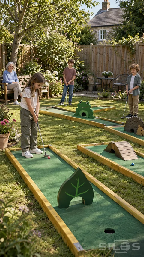 Children play a handmade miniature-golf course with green felt lanes, yellow timber rails and playful leaf and animal obstacles while a grandparent watches from a garden bench.