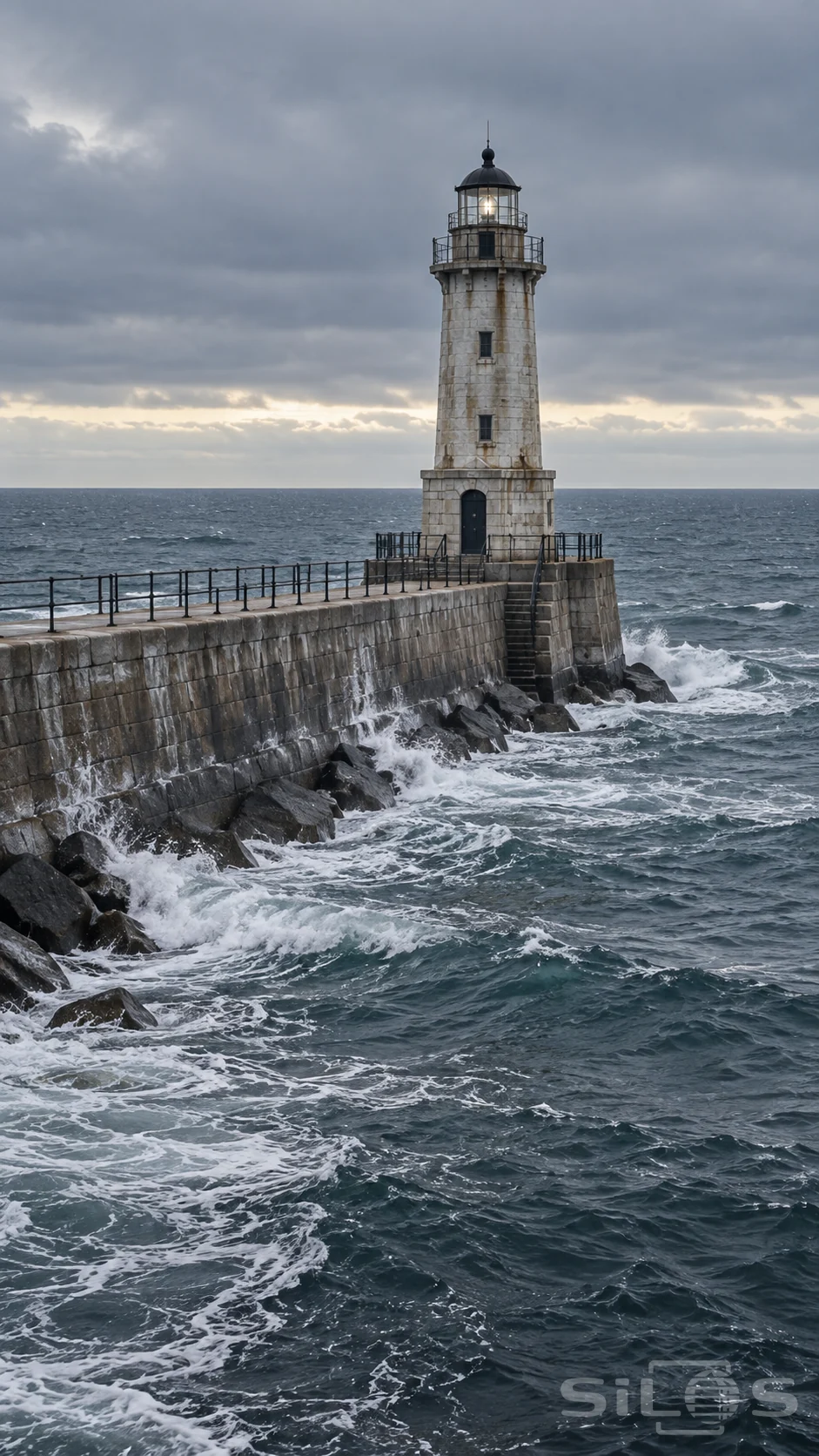 A weathered stone lighthouse stands above a railed breakwater as gray-blue waves wash against the rocks below.