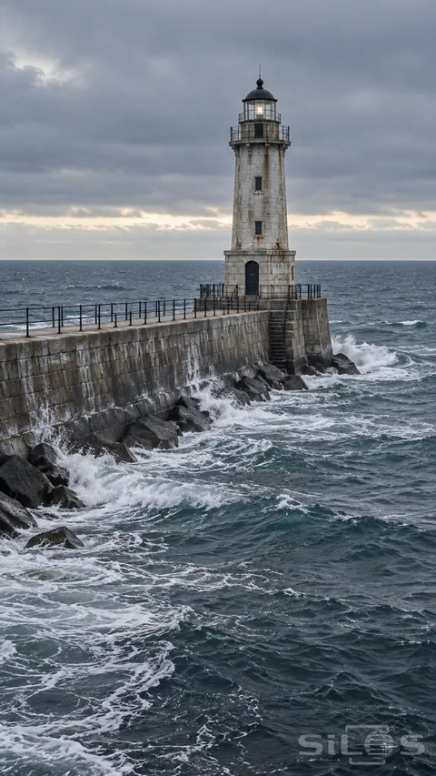 A weathered stone lighthouse stands above a railed breakwater as gray-blue waves wash against the rocks below.