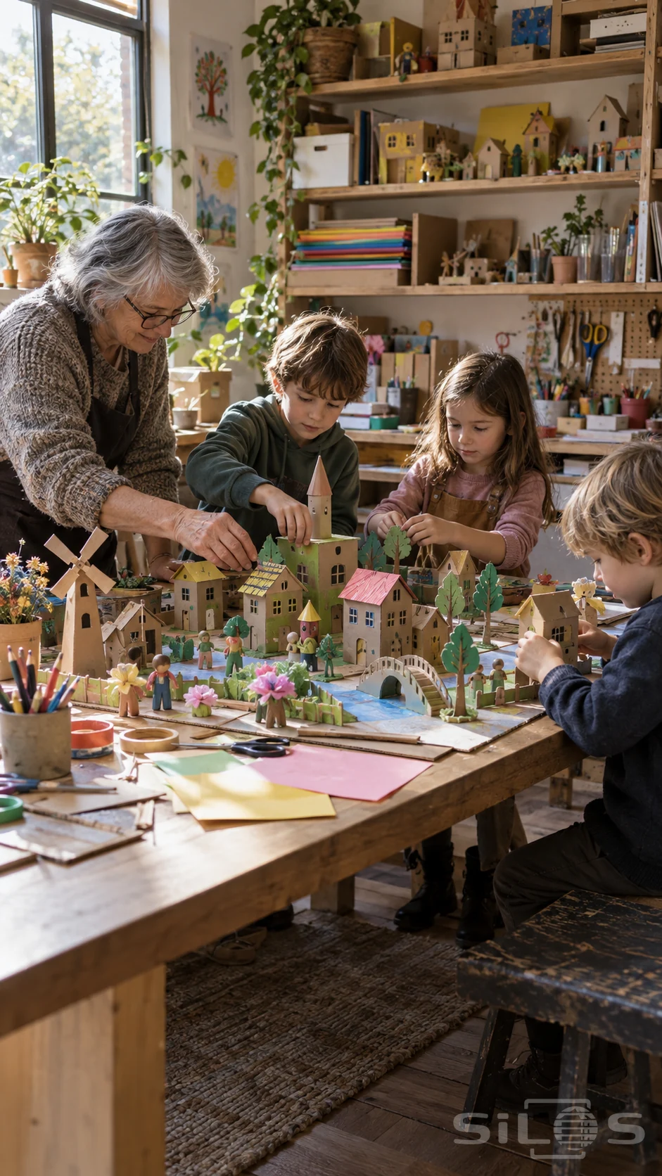 Children and a grandparent assemble a detailed cardboard town at a wooden craft table surrounded by paper houses, plants and shelves of art supplies.
