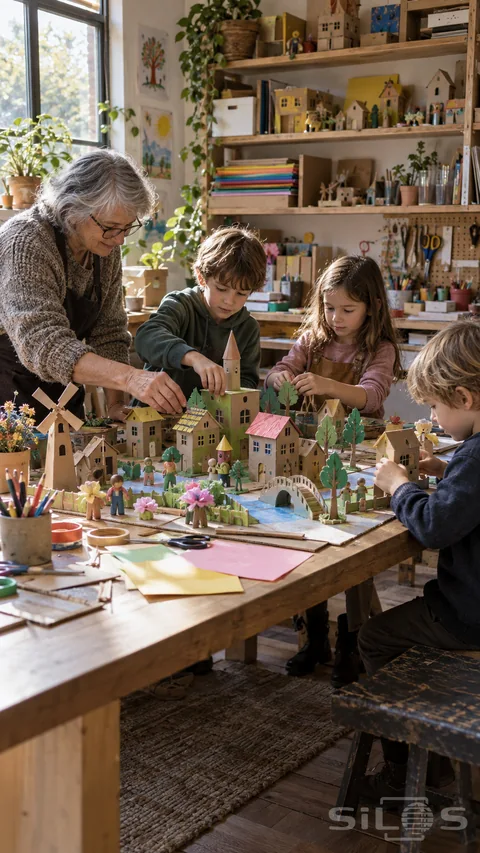 Children and a grandparent assemble a detailed cardboard town at a wooden craft table surrounded by paper houses, plants and shelves of art supplies.