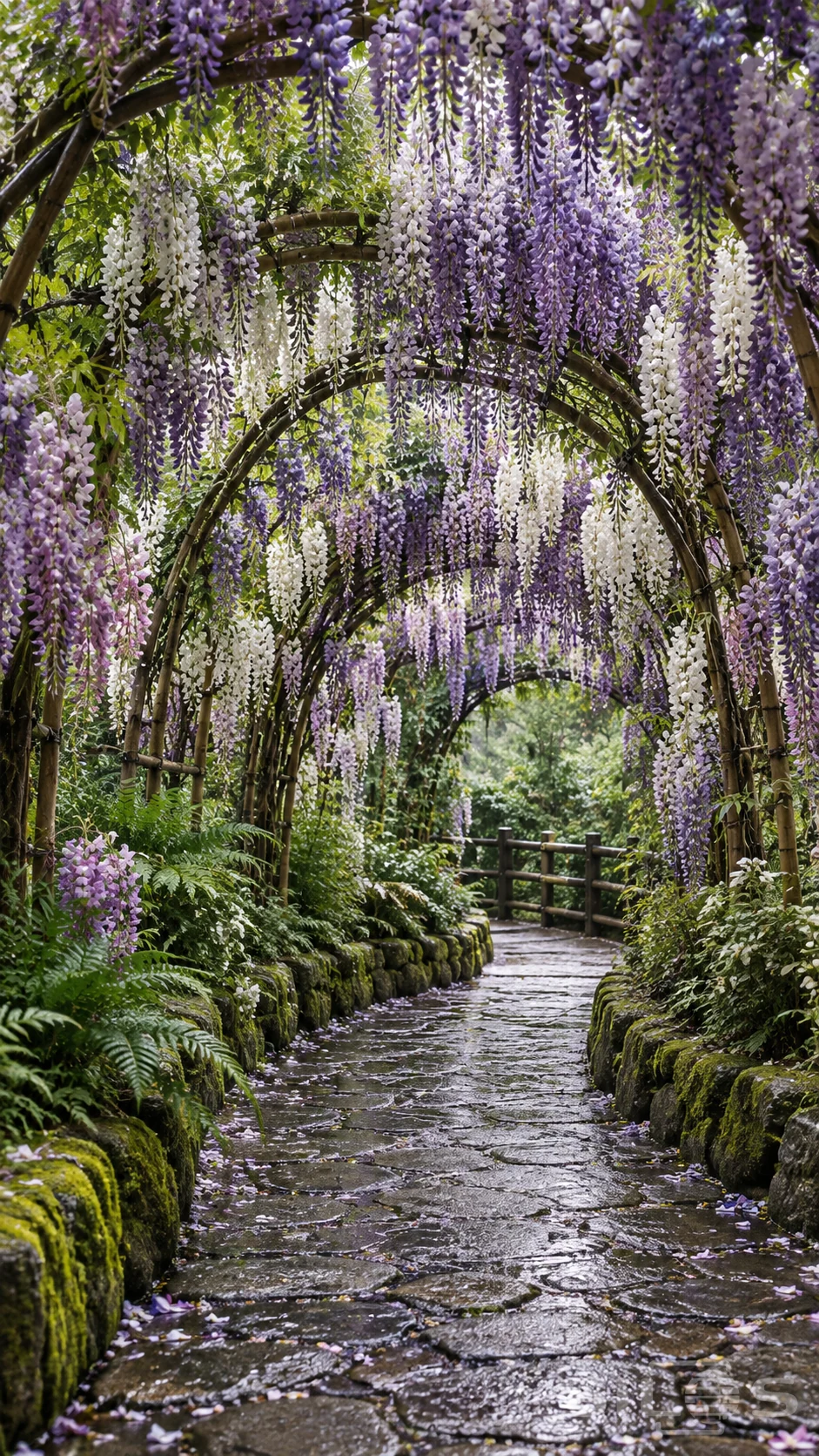 Lavender and white wisteria cascades over rustic garden arches above a rain-wet stone path bordered by moss and ferns.