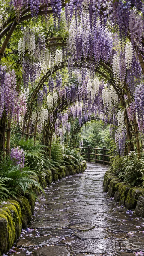 Lavender and white wisteria cascades over rustic garden arches above a rain-wet stone path bordered by moss and ferns.