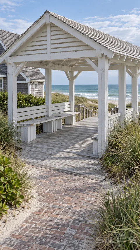 A weathered white timber pavilion shelters benches beside a boardwalk descending through dune grass toward the sea.