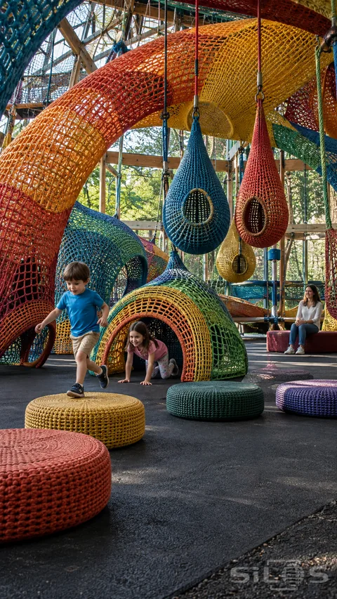 Children step and crawl among colorful woven arches, hanging pods and low soft cushions while a parent watches from the side of a bright play hall.