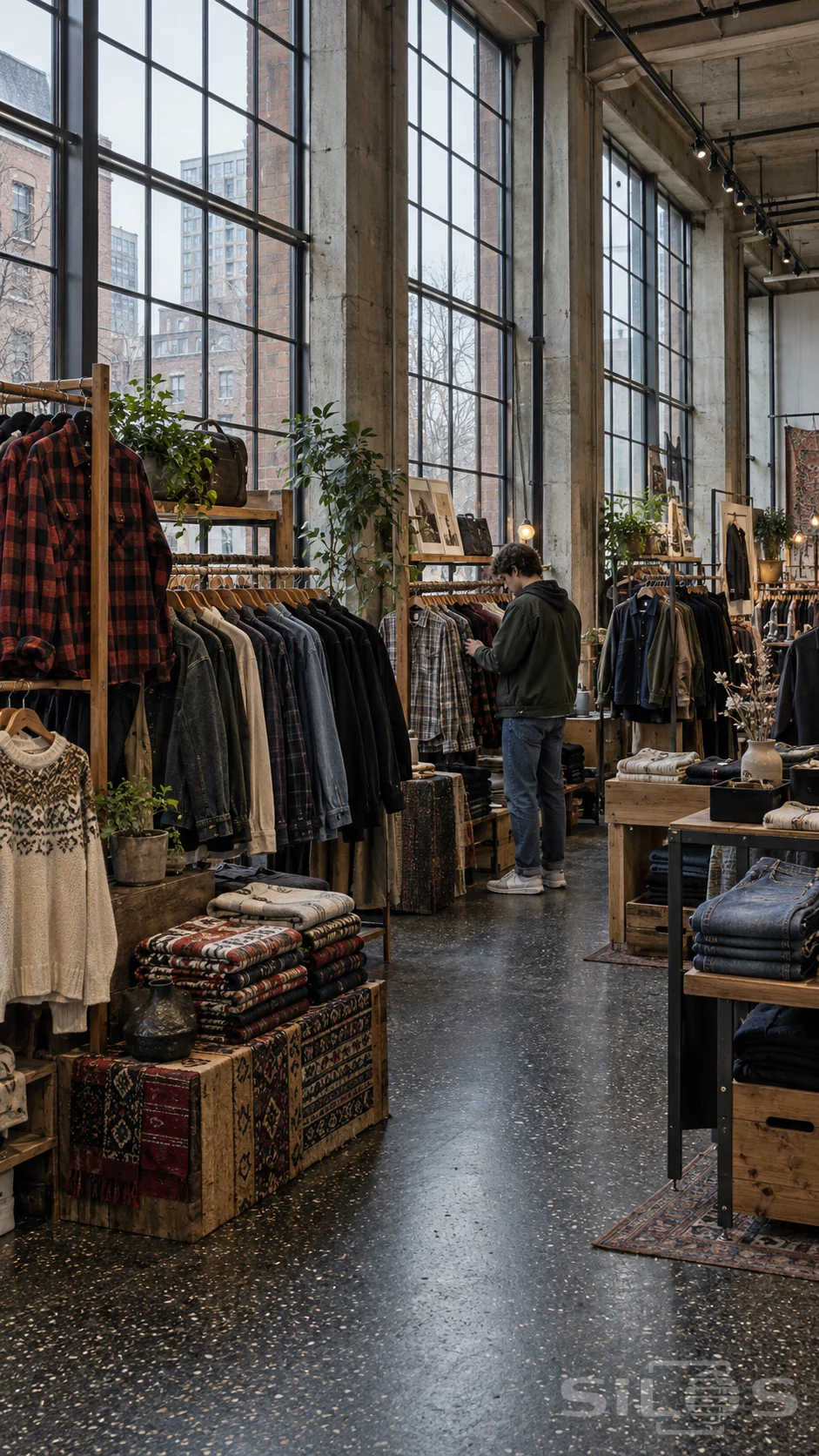 Tall industrial windows light a clothing market with checked shirts, denim, knitwear and folded textiles, as one shopper browses a rail.