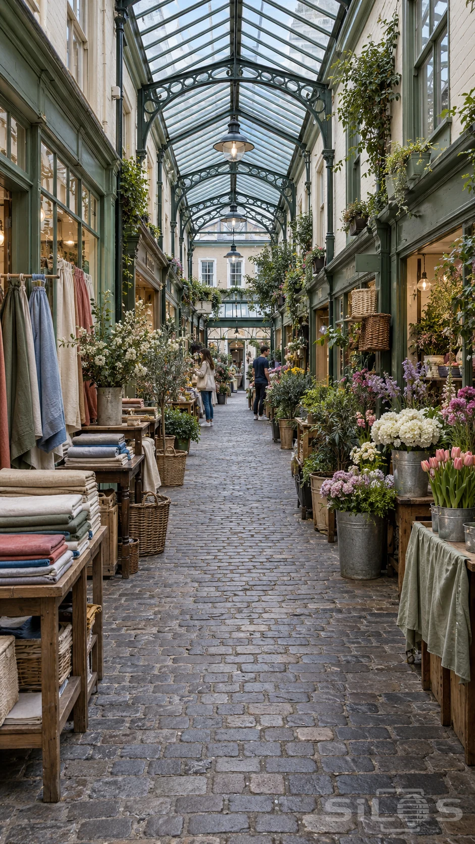 Linen stalls and buckets of flowers line a glass-roofed market arcade, with two small figures browsing in the distance.