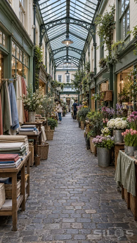 Linen stalls and buckets of flowers line a glass-roofed market arcade; with two small figures browsing in the distance.