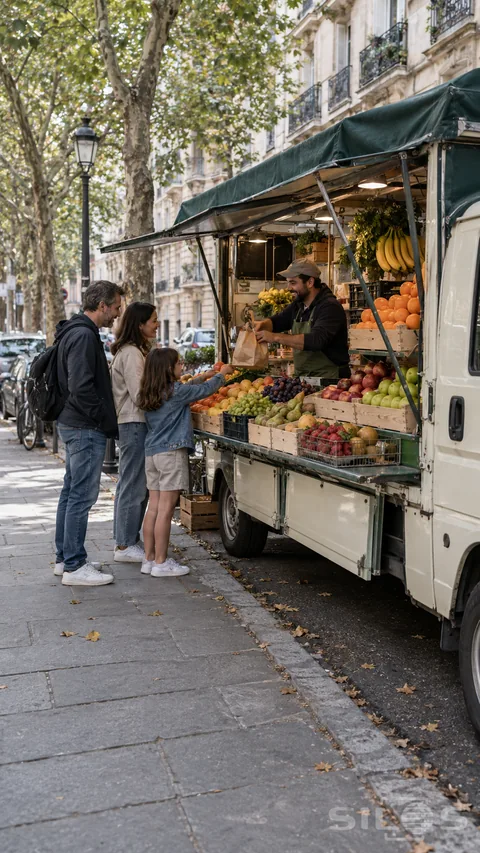 A family chooses fruit from a curbside truck beneath a green canvas awning, surrounded by colorful produce crates and a tree-lined city street.