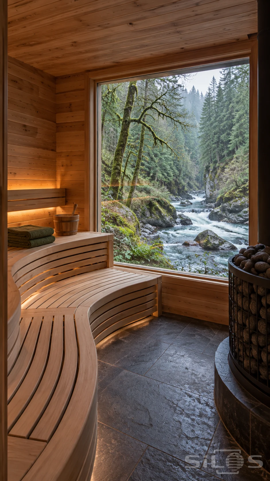 Curving timber benches and a stone-filled heater frame a wide sauna window overlooking a mossy forest river.