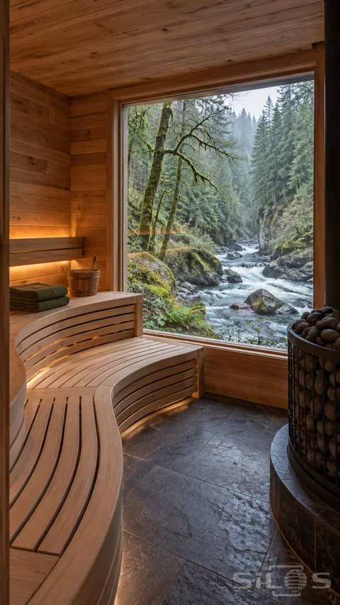 Curving timber benches and a stone-filled heater frame a wide sauna window overlooking a mossy forest river.