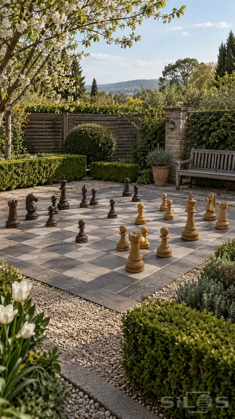 Oversized timber chess pieces stand on a paved garden court bordered by clipped hedges, gravel and an empty bench beneath flowering branches.