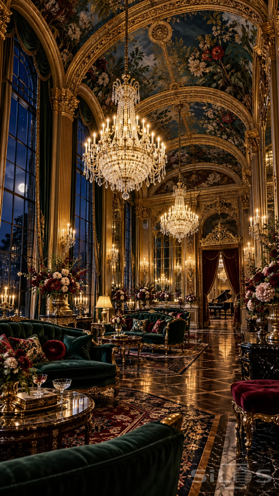 Crystal chandeliers illuminate an unoccupied grand salon with botanical vaulted ceilings, gilded columns, emerald velvet seating and dark patterned floors.