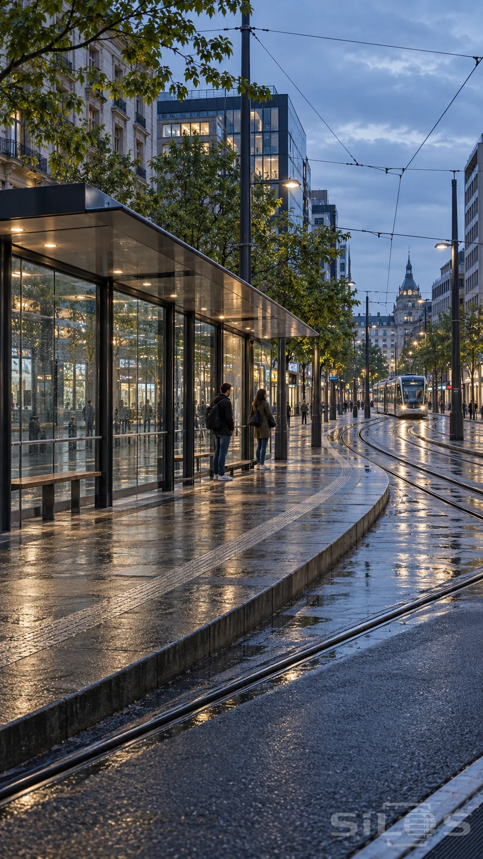 Two commuters wait beneath a glass tram shelter as rails curve through a rain-darkened city street at blue hour.